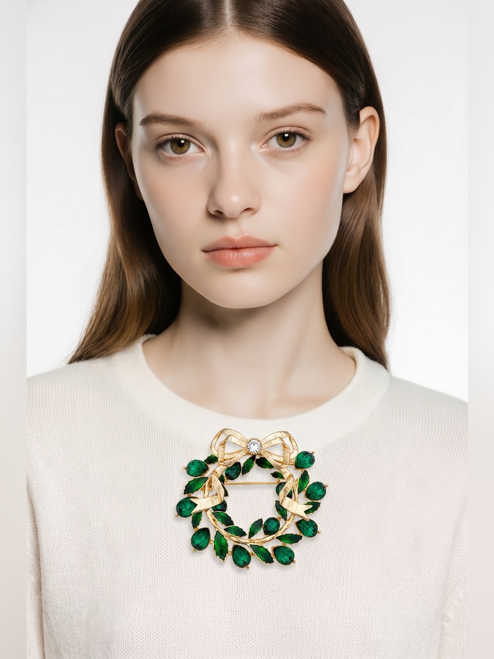 Napier Gold Tone Wreath Pin With Emerald Green accents